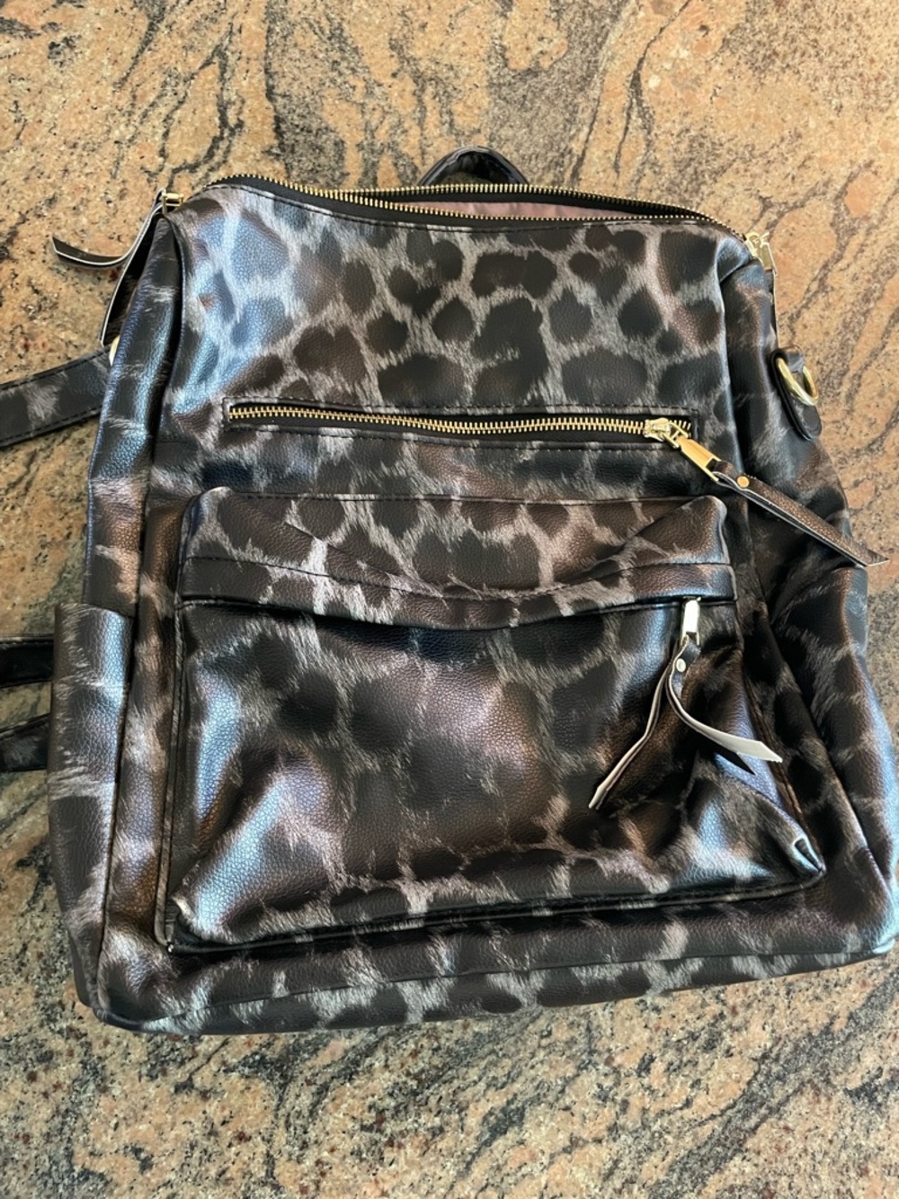 Leopard Print Faux Leather Backpack - Black and Gray
